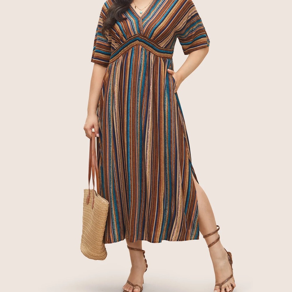 BloomChic Striped V-Neck Maxi Dress in Brown, Teal & Rust